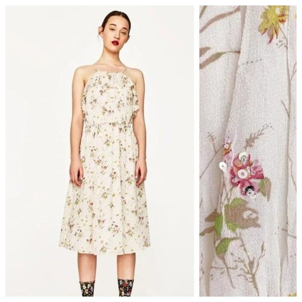 Zara Cream White Floral Sequined Dress - Picture 3 of 7